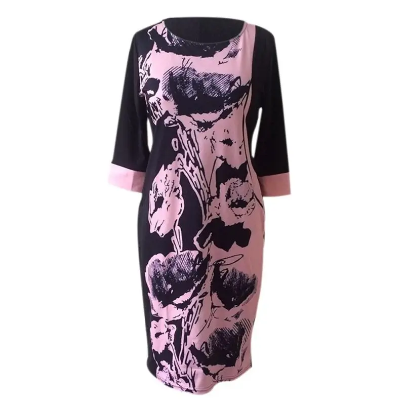 Женское платье размера плюс L-6XL, женская одежда больших размеров, повседневное офисное облегающее платье с принтом, 2 цвета - Цвет: Розовый