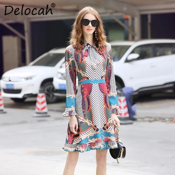 

Delocah 2020 Spring Summer Women Dress Runway Fashion Designer Flare Sleeve Simple Bow Gorgeous Ruffles Elegant Slim Dresses