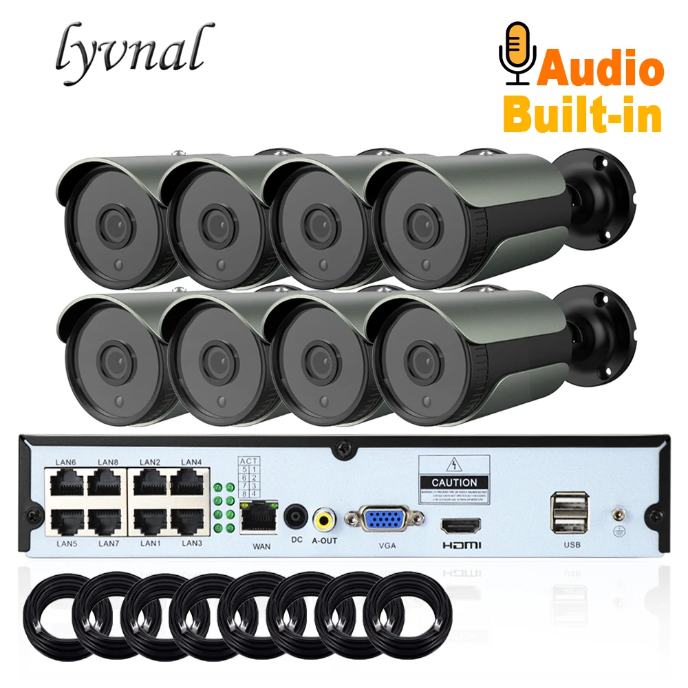 LYVNAL h.265 5mp 1080p 8CH POE NVR комплект plug and play hd 720p ip-камера POE 48 в Аудио Открытый 8ch камеры наблюдения POE Комплект
