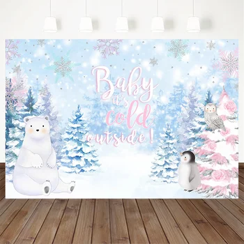 

Winter Polar Bear Penguin Photography Background Pine Forest Owl Snowflake Backdrop Decoration Props Banner For Photo Studio