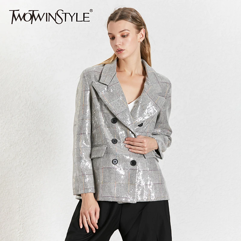 

TWOTWINSTYLE Plaid Autumn Women's Blazer Notched Collar Long Sleeve Sequin Patchwork Elegant Coat Female Fashion New 2019