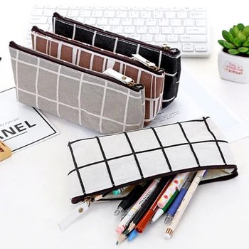 

Stationery Canvas Pencil Case School Pencil Bag Simple Striped Grid Pencilcase Office Supplies Pen Bag Students Pencils Writing
