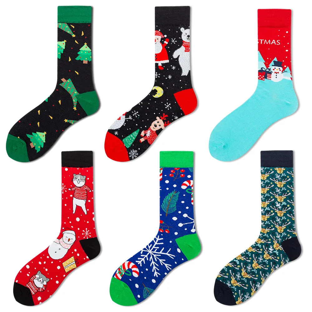 SANZETTI Men?s Colorful Happy Socks Combed Cotton New Year Santa Claus Tree Snow Elk Christmas Socks Dress Breathable Gift Socks