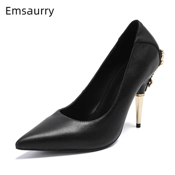 

Luxury Cut Outs Metal Heel Women Pumps Sexy Pointed Toe Slim Dress Shoes Genuine Leather High Heels Spring Party Shoes Woman