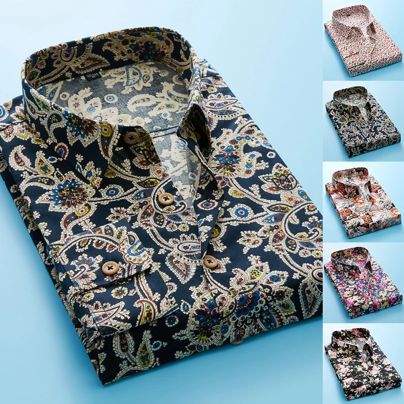 Camisa de empalme de flores para hombre, Camisa Masculina con estampado, manga larga, ajustada, a la moda, para club nocturno, Primavera