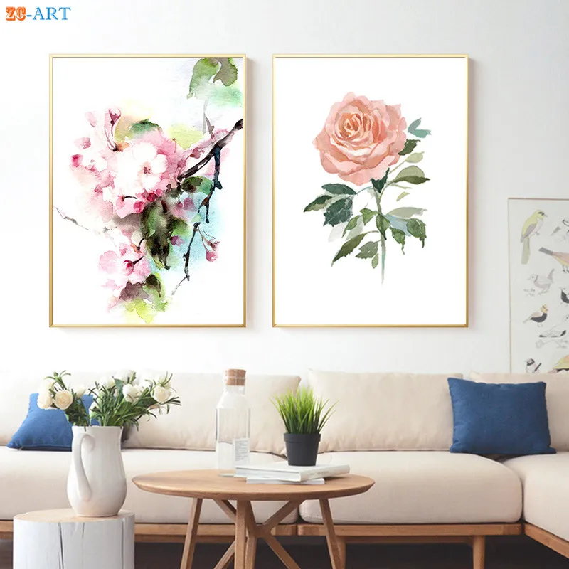 Розовая Вишня Цветущая ветка Роза цветочная Акварельная живопись Современная