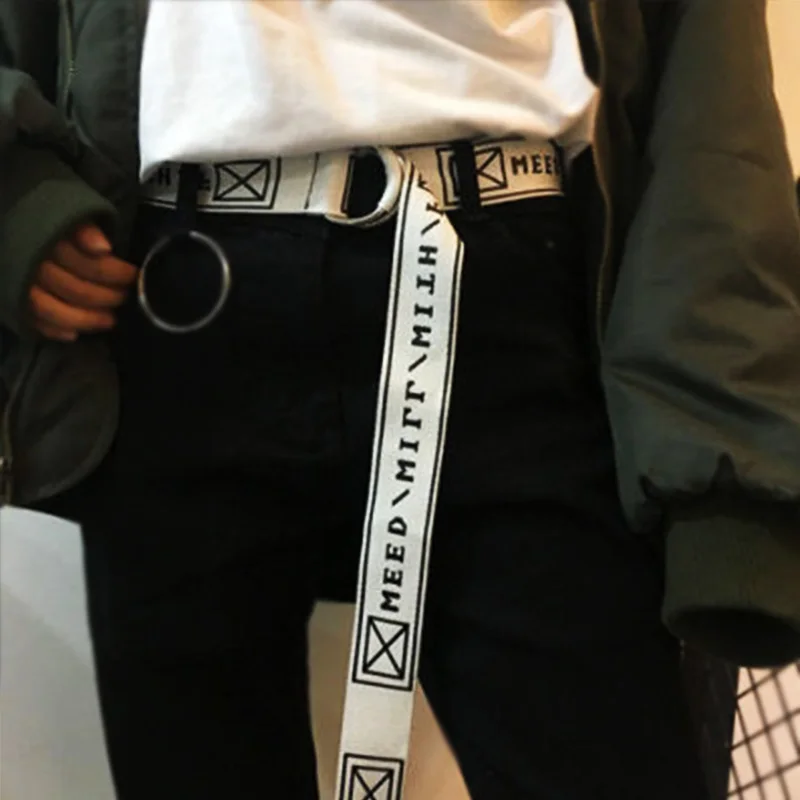 

Letter Printed Canvas Belt Women Men D Ring Waist Strap Black White Belts Female Casual Harajuku Trouser Waistband