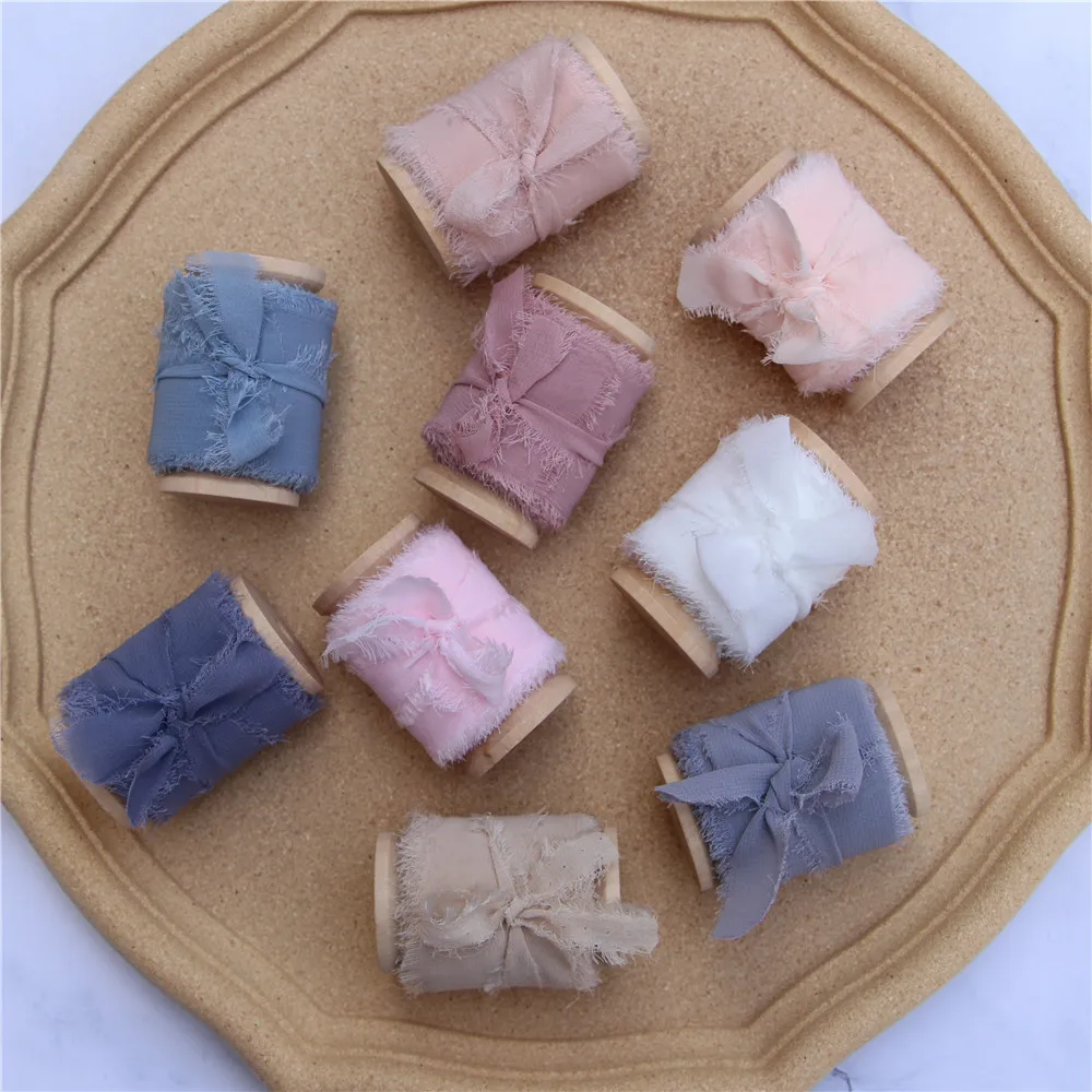 

3 pcs Handmade Frayed Edged Chiffon Silk Ribbon with Wood Spool Flatlay Prop Sheer Fringe Ribbon for Wedding Invitation Bouquets