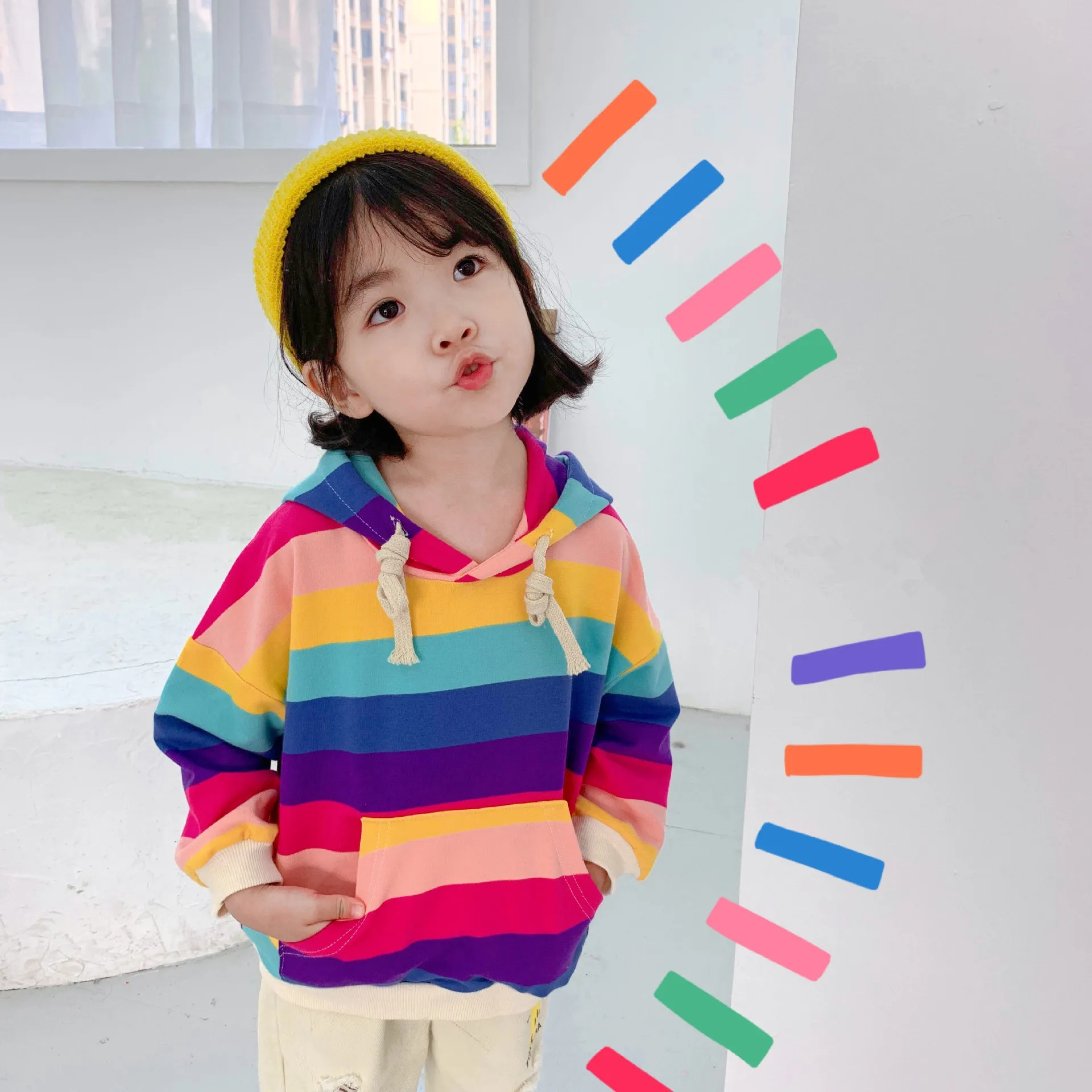 

Kids 2019 Autumn Children's Rainbow Hoodies Baby Striped Outerwear Boys Girls Casual Tops T Shirts Clothes Outerwear 2-7T