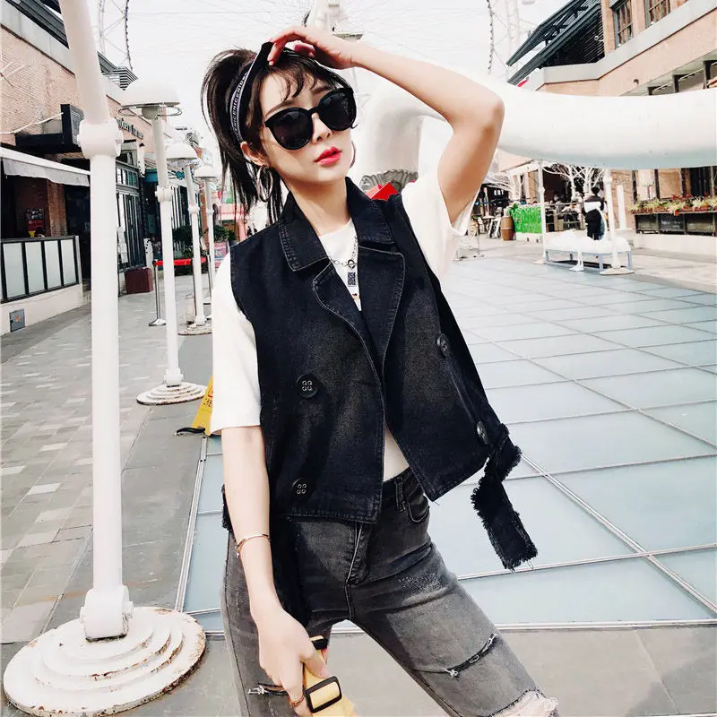

Waistcoat Spring Autumn Korean Fashion Casual Loose Letter Denim Vest Jacket Female Sleeveless Double-breasted Coat Tops f1460