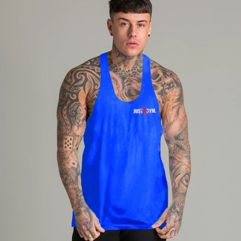 Рубашка для занятий спортом Фитнес жилет Singlet рубашка без рукавов брендовая однотонная хлопковая спортивная нижняя рубашка одежда Бодибилдинг майка топы Мужские сетчатые - Цвет: Синий