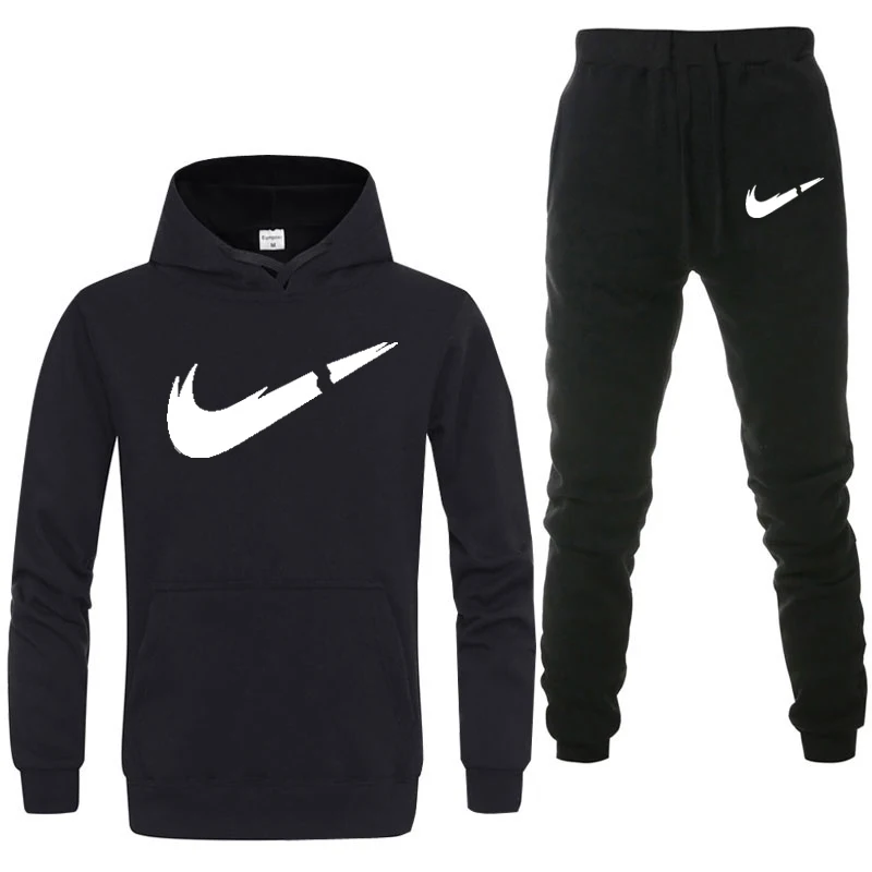 black black New Two Pieces Set Fashion Hooded Sweatshirts Sportswear Men Tracksuit Hoodie Autumn Brand Clothes Hoodies+Pants men sets - Цвет: black black
