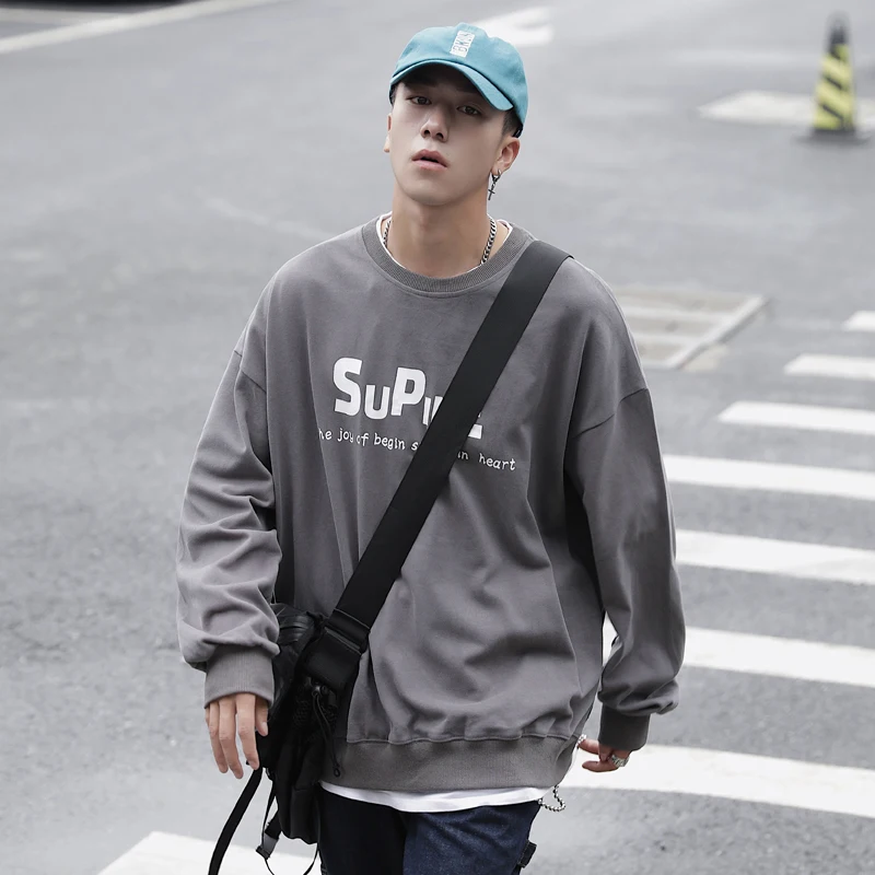 

2019 Autumn And Winter Men's New Casual Solid Color Letter Printing Round Neck Loose Temperament Trend Cotton Hoodies