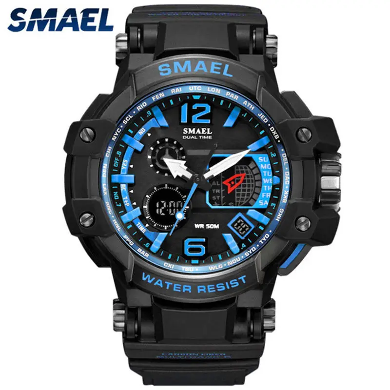 Роскошные Брендовые мужские спортивные часы светодиодный цифровые часы мужские 50 м водонепроницаемые повседневные кварцевые часы мужские военные часы мужские часы Relogio Masculino - Цвет: Black Blue