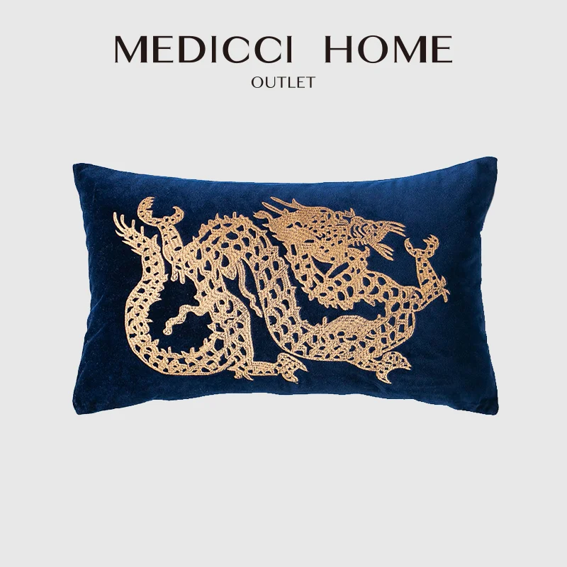 

Medicci Home Contemporary Art Cushion Cover Oriental Handicraft High End Chinese Dragon Heavy Embroidery Lumbar Pillow Case Gold