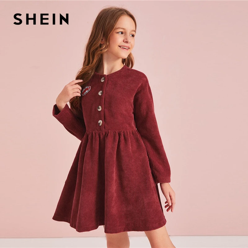 SHEIN Kiddie/бордовое расклешенное вельветовое платье с заплатками на пуговицах спереди; детские осенние мини-платья трапециевидной формы с высокой талией, длинными рукавами и карманами
