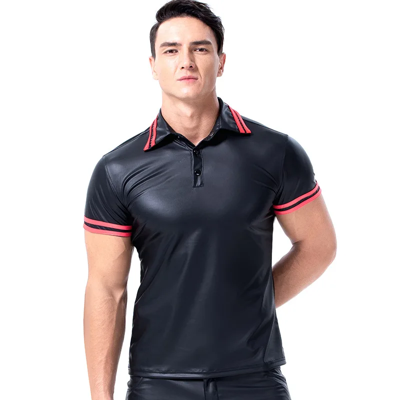 

Mens PU Leather Black Striped Blouse Slim Fit Short Sleeve Turn-down Collar Shirt Mens Clothing Cool Mens Casual Shirts 2019