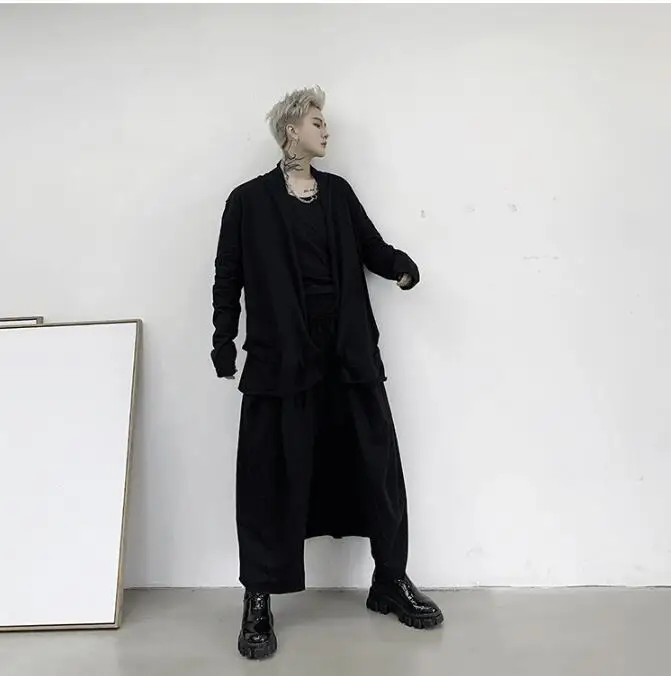 M-XL! Весенний Темный стиль, индивидуальный дизайн, мужской свободный Тренч средней длины выше колена, мужская куртка