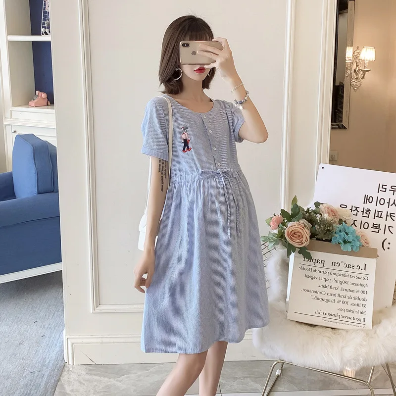 

Maternity Clothes 2019 Summer New Style Short-height Freaky Mid-length Embroidery Striped Cotton Mixed Nursing Shirt Dress