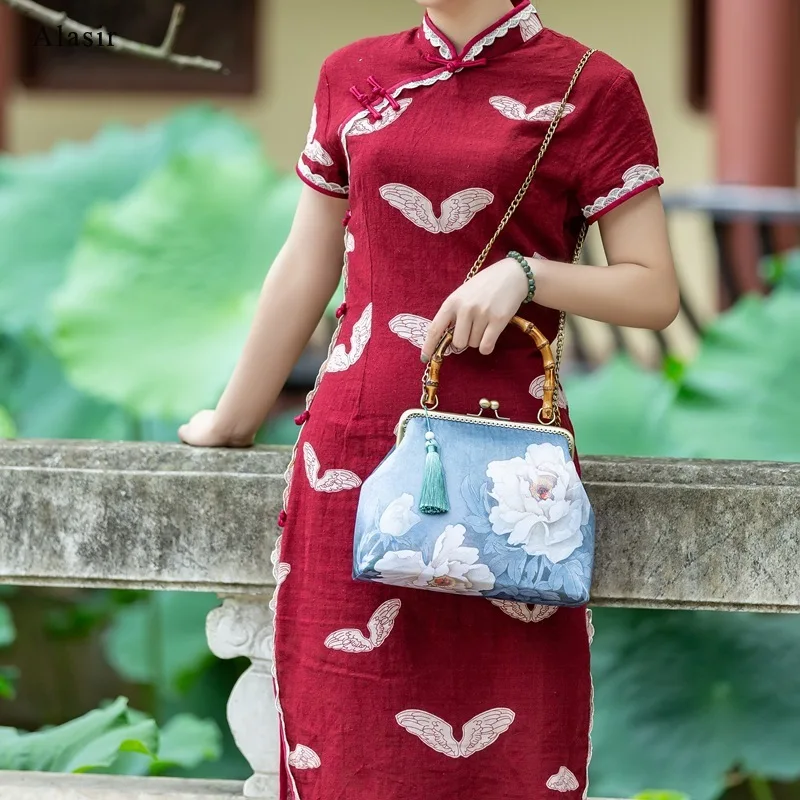 Alasir Hibiscus бамбуковая ручка китайский стиль женские сумки Чонсам женская сумка винтажные цветы сумки на плечо Национальный
