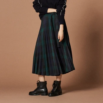 

Women Chic Vintage Style British Scottish Plaid Belt Long Pleated Skirt