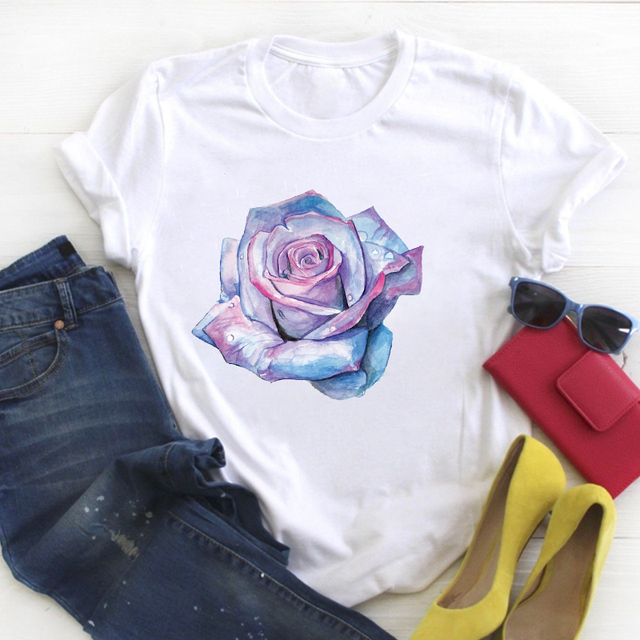 Flower Floral Book Cute Print Short Sleeve Ladies Summer T Tee Female Top Shirt Clothes Tshirt Womens Graphic T-shirt