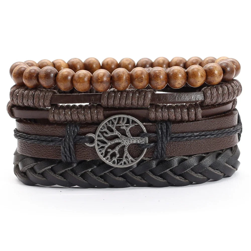 Bracelets multicouches en cuir marron pour hommes et femmes, breloque arbre, perles en bois punk faites à la main, 4 pièces/ensemble