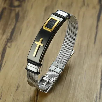 

Vnox Cross Bracelets for Women Men with Leather Chip Adjustable Stainless Steel Mesh Watch Band Unisex Jewelry