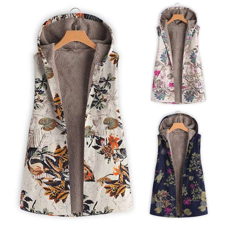 Женские зимние с принтом с капюшоном без рукавов Топ Плюшевые куртки теплые и удобные NFE99