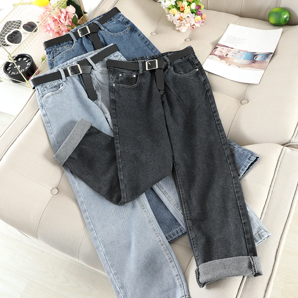 Mooirue винтажные женские длинные прямые джинсы с поясом высокая талия Повседневная Уличная Ретро низ Harajuku корейские джинсовые штаны