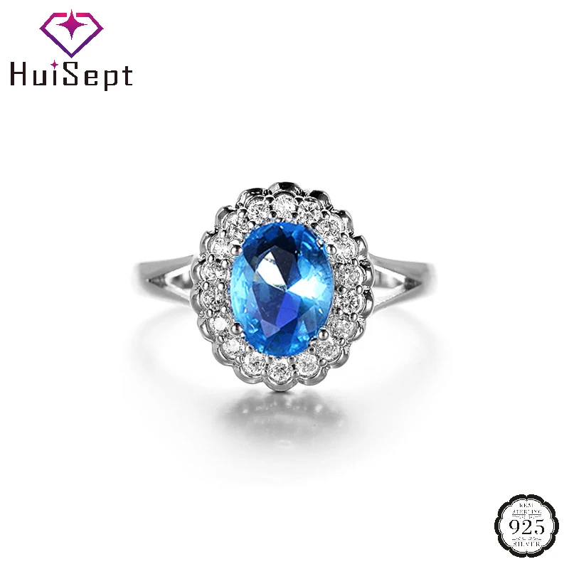 

HuiSept Trendy Ring 925 Silver Jewelry for Women Accessories Oval Sapphire Zircon Gemstone Finger Rings Wedding Bridal Party