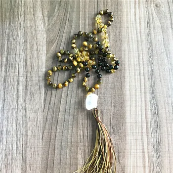 

108 Mala Beads Necklace Natural Black tourmaline & Tiger Eye and Yellow Quartz Mala Necklace long Tassel Meditation Jewelry