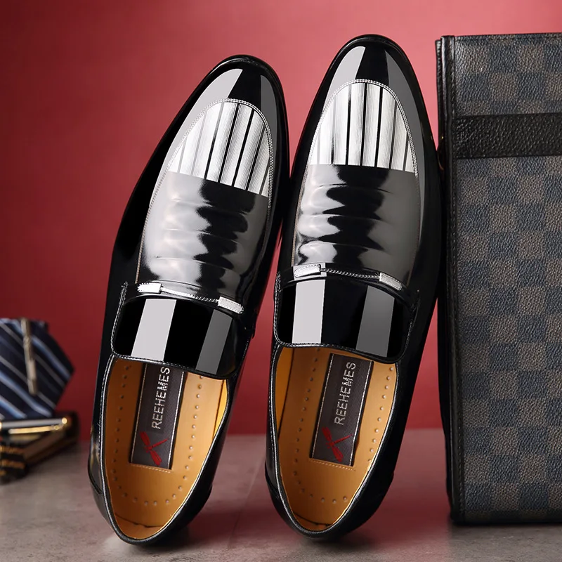 

Reehemes Black And Brown Leather Shoes Patent Leather Men Pointed-Toe Leather Shoes Men Marriage Leather Shoes 0763