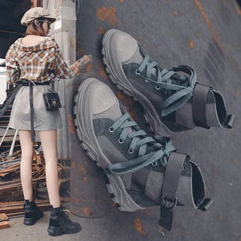 

Women Retro Martin Boots Breathable High-top Sports Shoes Height Increased Female Ankle Boots Military Hiking Boots 35-40