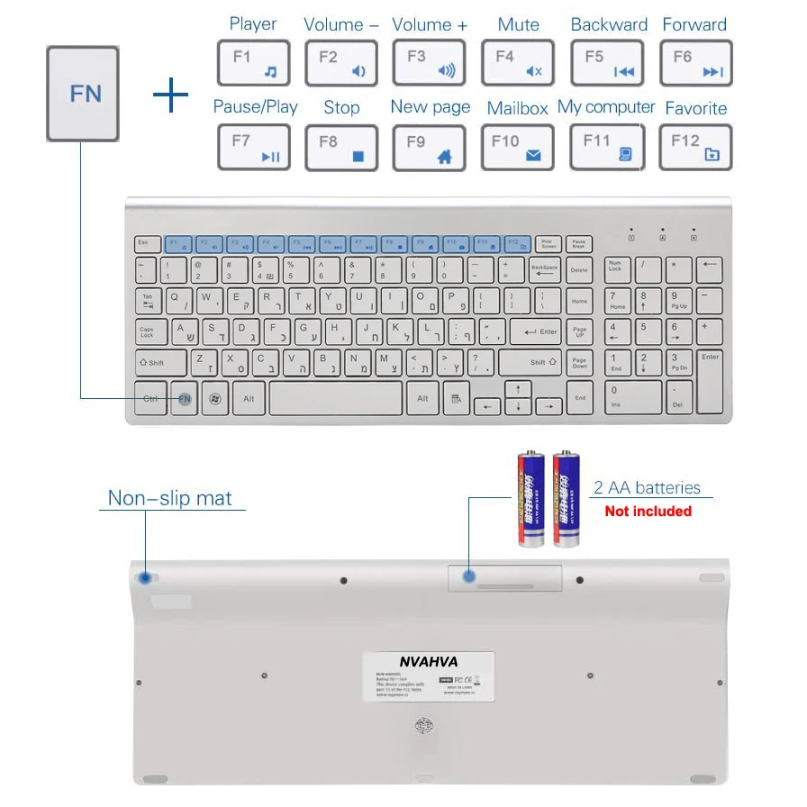 Hebraico Baixo Nível de Ruído 101 Teclas Teclado sem Fio 2.4g Fino e Compacto Teclado sem Fio para Computador Portátil Windows pc Desktop Smart tv - Imagem 3