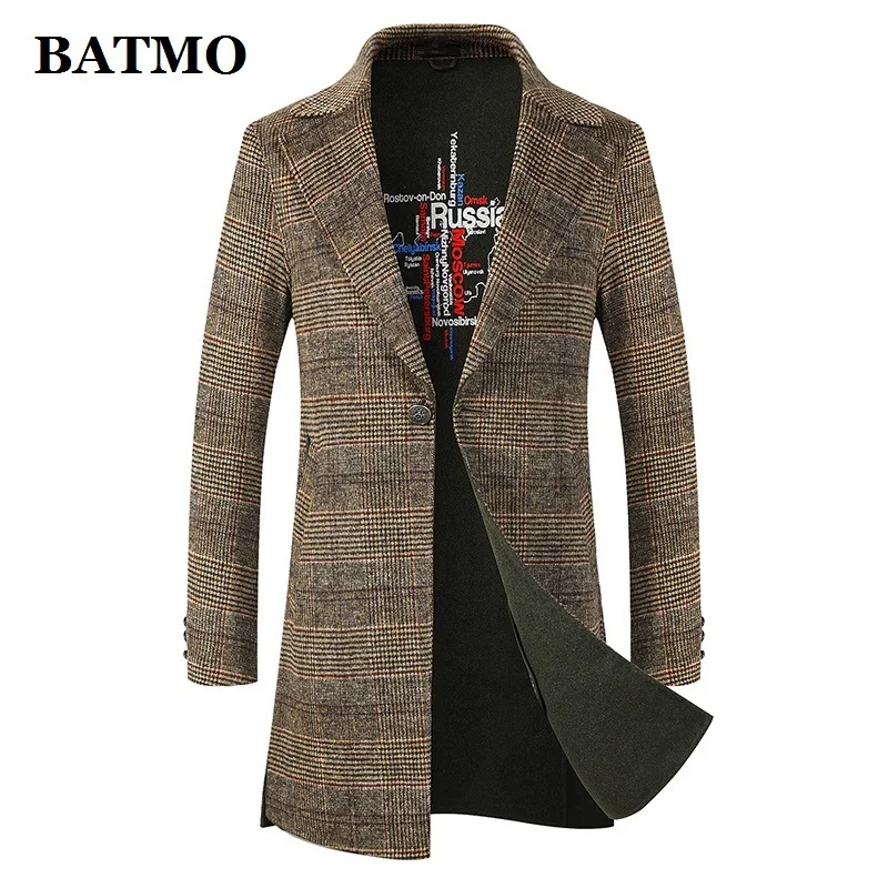 

BATMO 2019 new arrival winter high quality wool plaid trench coat men,men's wool long jackets,8109