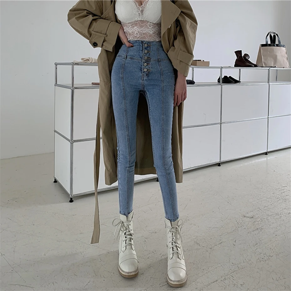 High Stretch Jeans Women Autumn Chic New Breasted High Waist Trousers Skinny Stretch Sexy Jeans Women Plus Size Slim Pants Denim