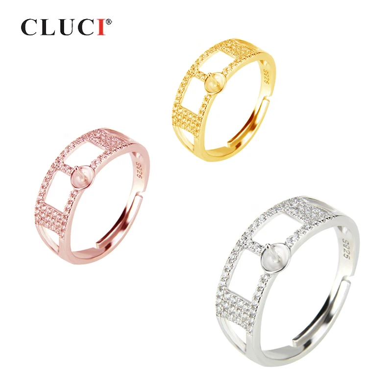 

CLUCI Big Adjustable 925 Sterling Silver Pearl Ring Mounting Hollow Zircon Open Women Ring Jewelry SR2070SB