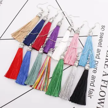 

Vintage Ethnic Long Tassel stud Earrings for Women Lady Fashion Bohemian White Red Silk Fabric Earring Indian Jewelry Christmas