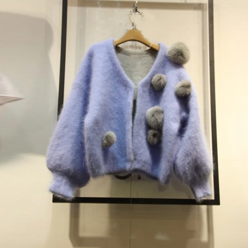 purple Neploe/Корейская просторная вязаная кофта с v-образным вырезом, модная меховая вязаная одежда с открытым стежком, Осень-зима, Sueter Mujer Invierno 5454543 - Цвет: purple