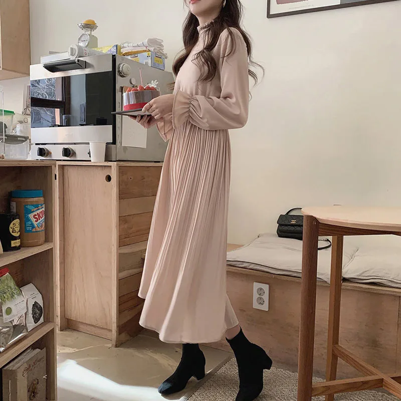 Elegant A-Line Pleated Elastic Waist Long Dress 2020 Summer Women Dress Sundress Vintage Flare Sleeve Chiffon Dress Female