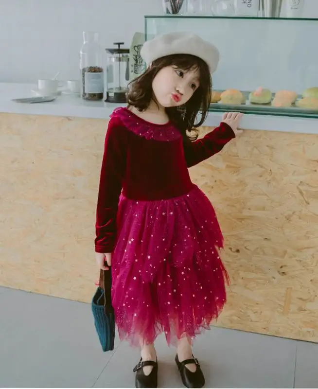 Вельветовые платья для девочек винно-красного цвета, блестящее газовое многослойное платье принцессы с длинным рукавом, одежда для малышей От 2 до 10 лет, E1021