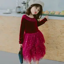 Вельветовые платья для девочек винно-красного цвета, блестящее газовое многослойное платье принцессы с длинным рукавом, одежда для малышей От 2 до 10 лет, E1021