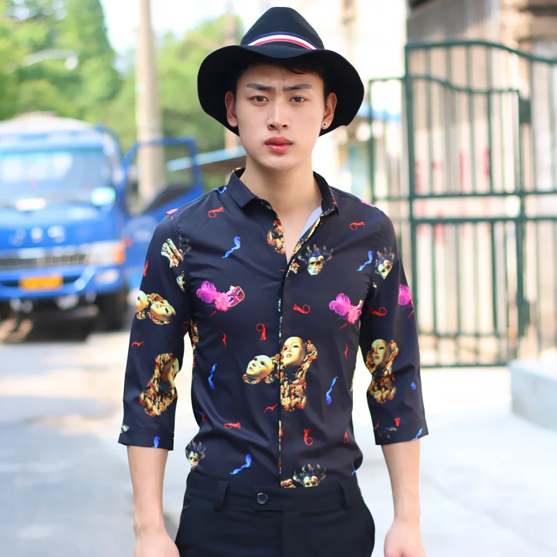 Мужская шелковая смесь с цветочным принтом Slim Fit Клубные рубашки с коротким рукавом летние блузки-топы атласные однобортные B26