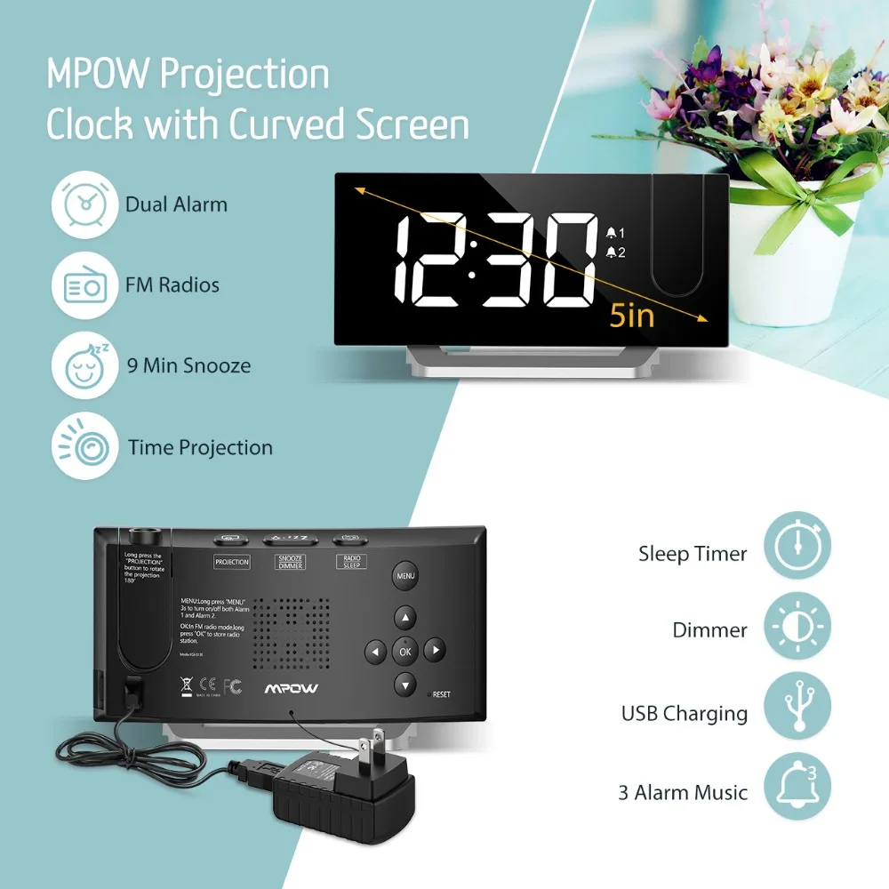 MPOW FM Projection LED Alarm Clock with 5-inch LED Curved Screen Adjustable Brightness Sleep Timer Christmas Gift Alarm Sounds (2)