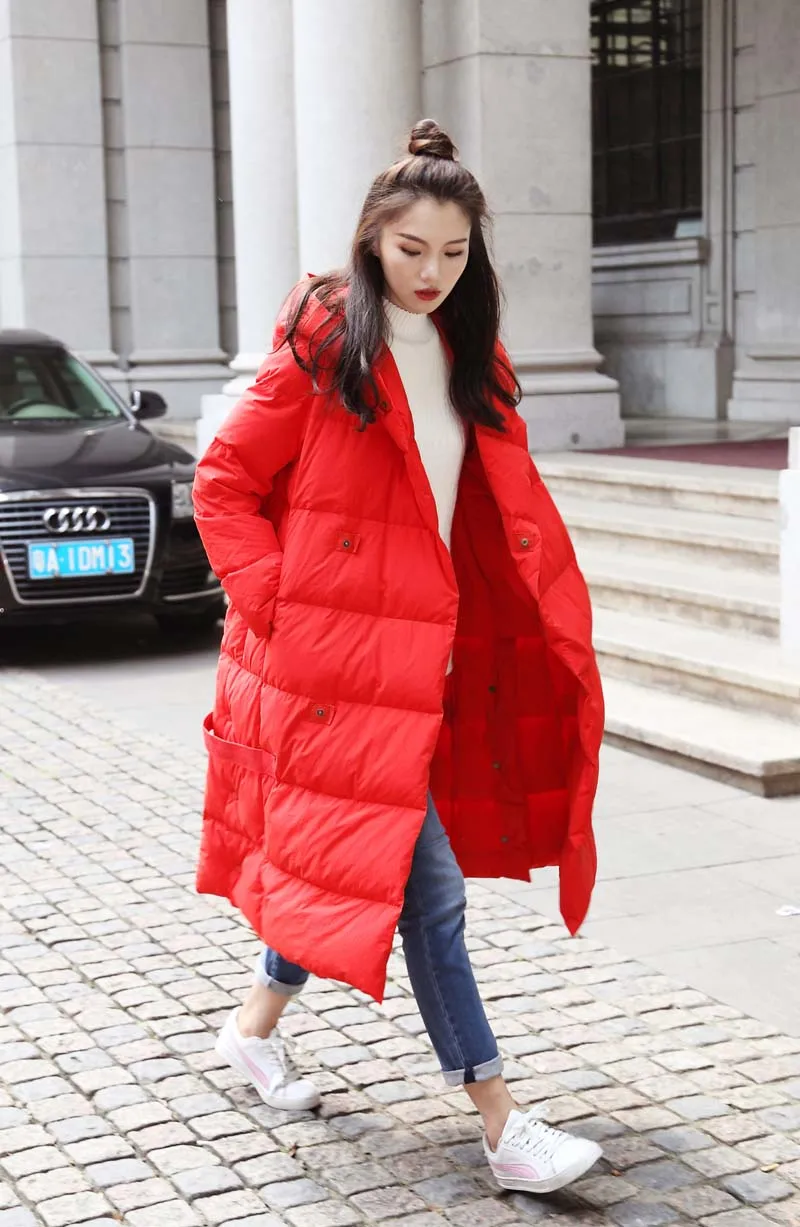 Зимние свободные пуховик длинный женский Новое поступление длинный рукав с капюшоном пальто элегантное женское пальто с длинными черный красный YNZZU YO999