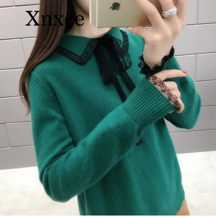 Elegant Lace Turn-down Collor Sweater Women Jumper 2019 Autumn Winter Long Sleeve Knitted Pullover Sweater Female Khaki lace Elegant Lace Turn-down Collor Sweater Women Jumper 2019 Autumn Winter Long Sleeve Knitted Pullover Sweater Female Khaki lace