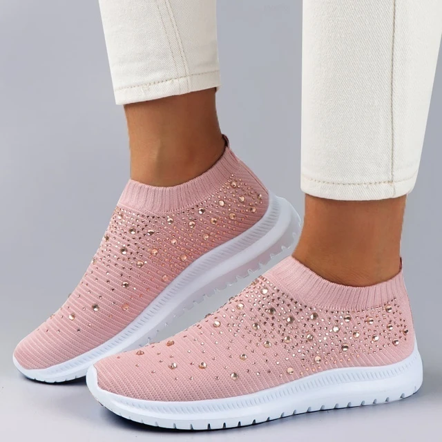 Vulcanized Shoes Sneakers Women Trainers Knitted Sneakers Ladies Slip-on  Sock Shoes Sparkly Crystal Zapatillas Mujer Casual