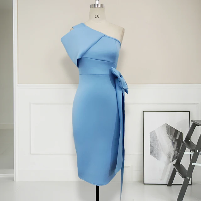 One Shoulder with Bowtie Waist Belt Light Blue Elegant Slim Vestido Dress 3