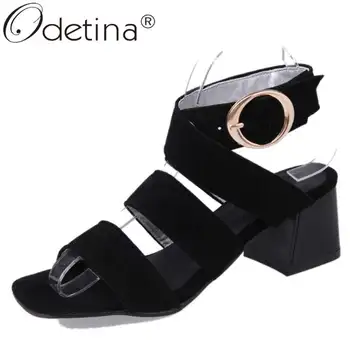 

Odetina Women Fashion Block Thick Mid Heel Faux Suede Casual Sandals Female Vintage Slingbacks Sewing Peep Toe Gladiator Sandals